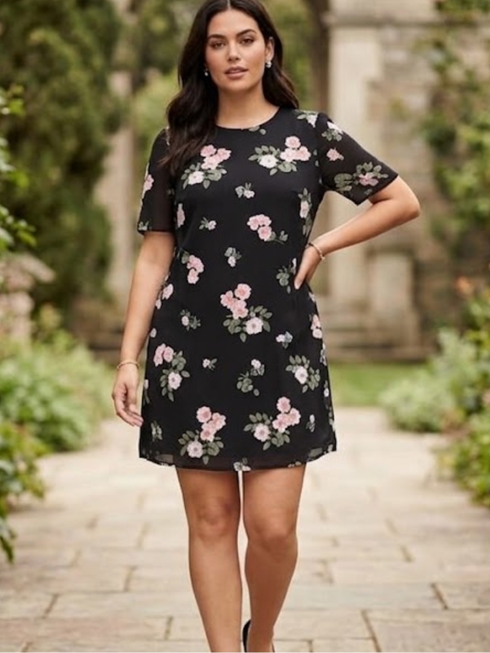 AMOUR VERT Darla Dress Washable Silk Dress Black Floral Shift Dress Size medium